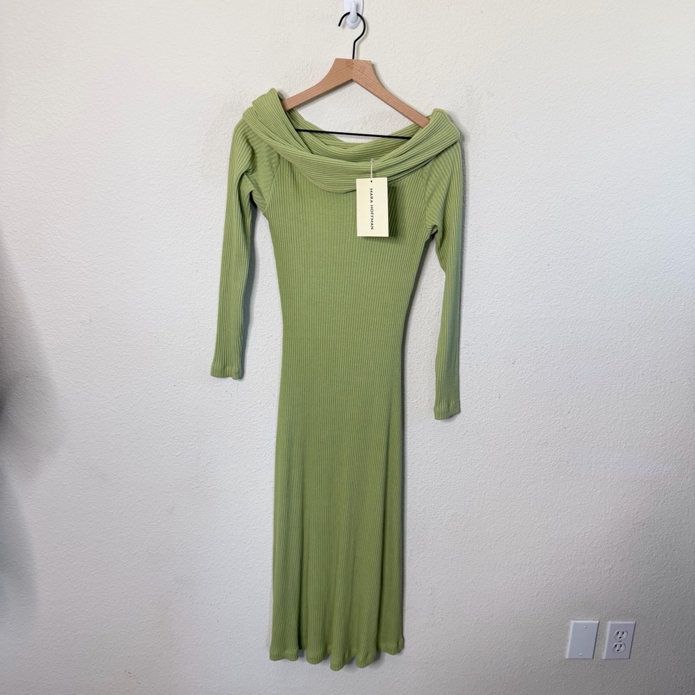 NWT Mara Hoffman Emery Sweater Dress Green Rib Knit Off Shoulder Midi‎ Size XS - Picture 11 of 15